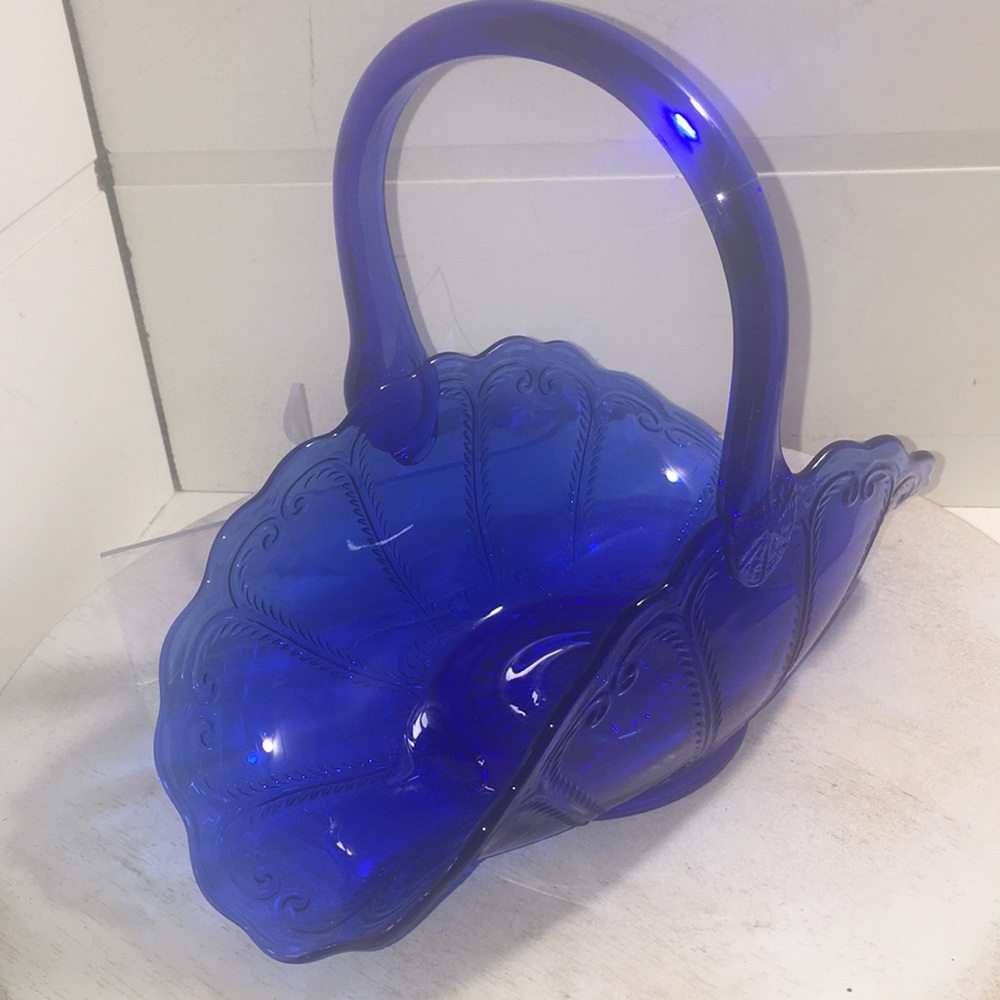 Vintage cobalt blue medium glass bridal basket.